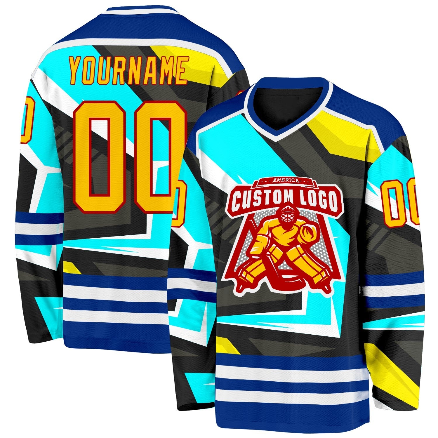 Custom Black Yellow Blue Royal Red-White Cyber Mecha E-sport Hockey Jersey view 2