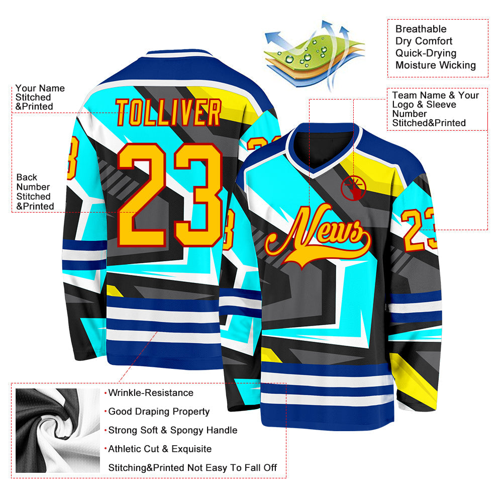 Custom Black Yellow Blue Royal Red-White Cyber Mecha E-sport Hockey Jersey view 5