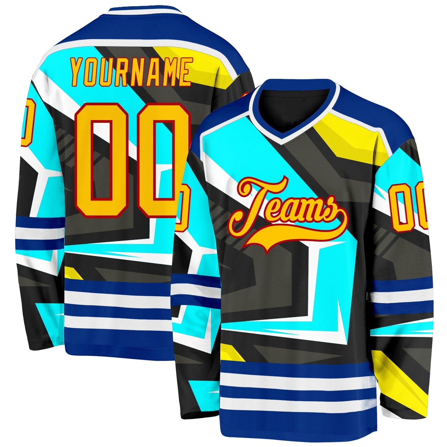 Custom Black Yellow Blue Royal Red-White Cyber Mecha E-sport Hockey Jersey - Main View