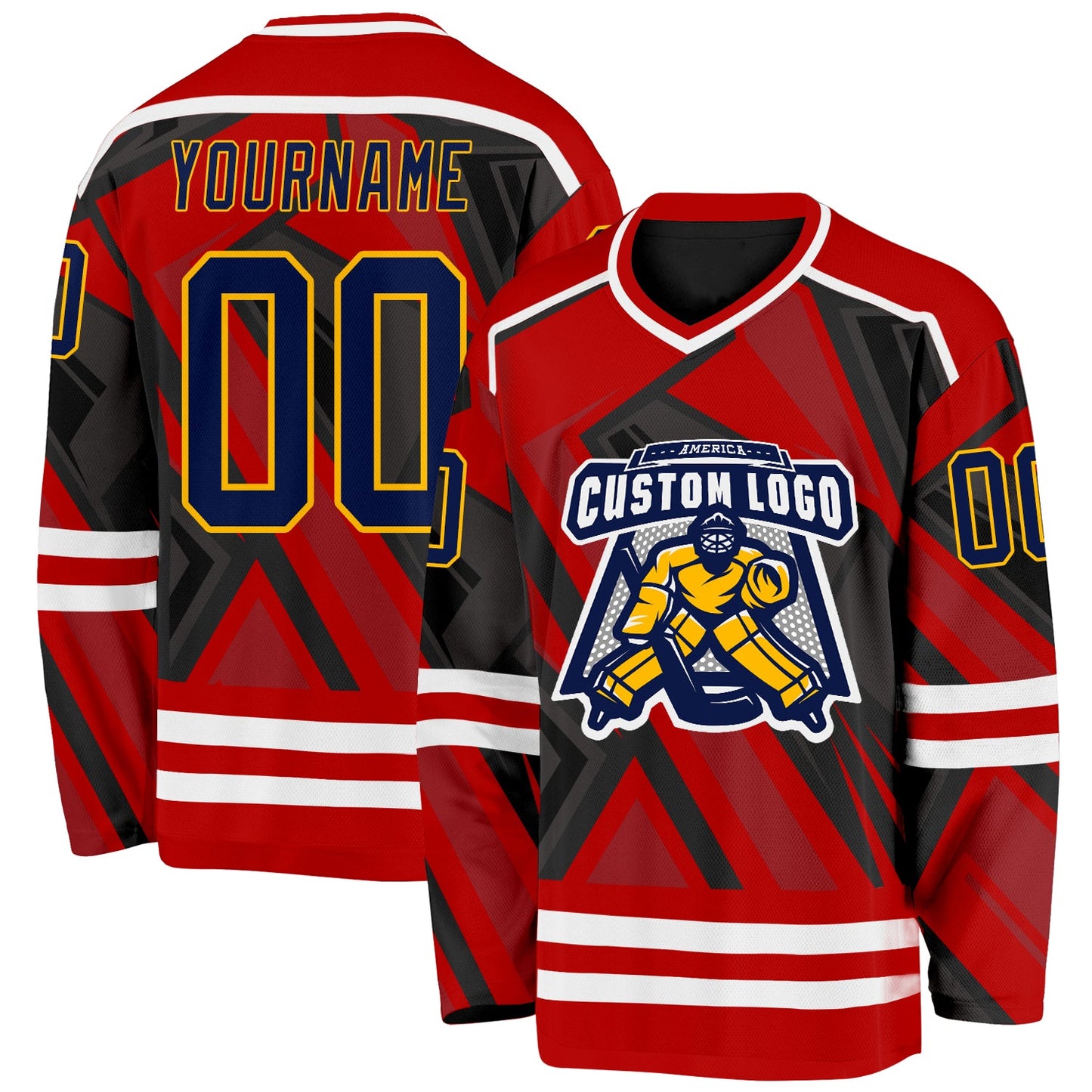 Custom Red Navy Black Gold-White Cyber Mecha E-sport Hockey Jersey view 2