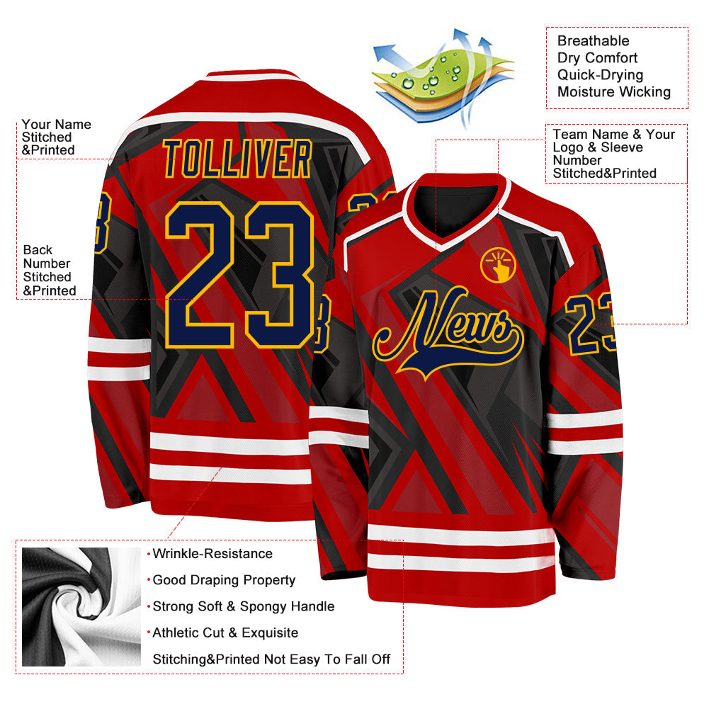 Custom Red Navy Black Gold-White Cyber Mecha E-sport Hockey Jersey view 5