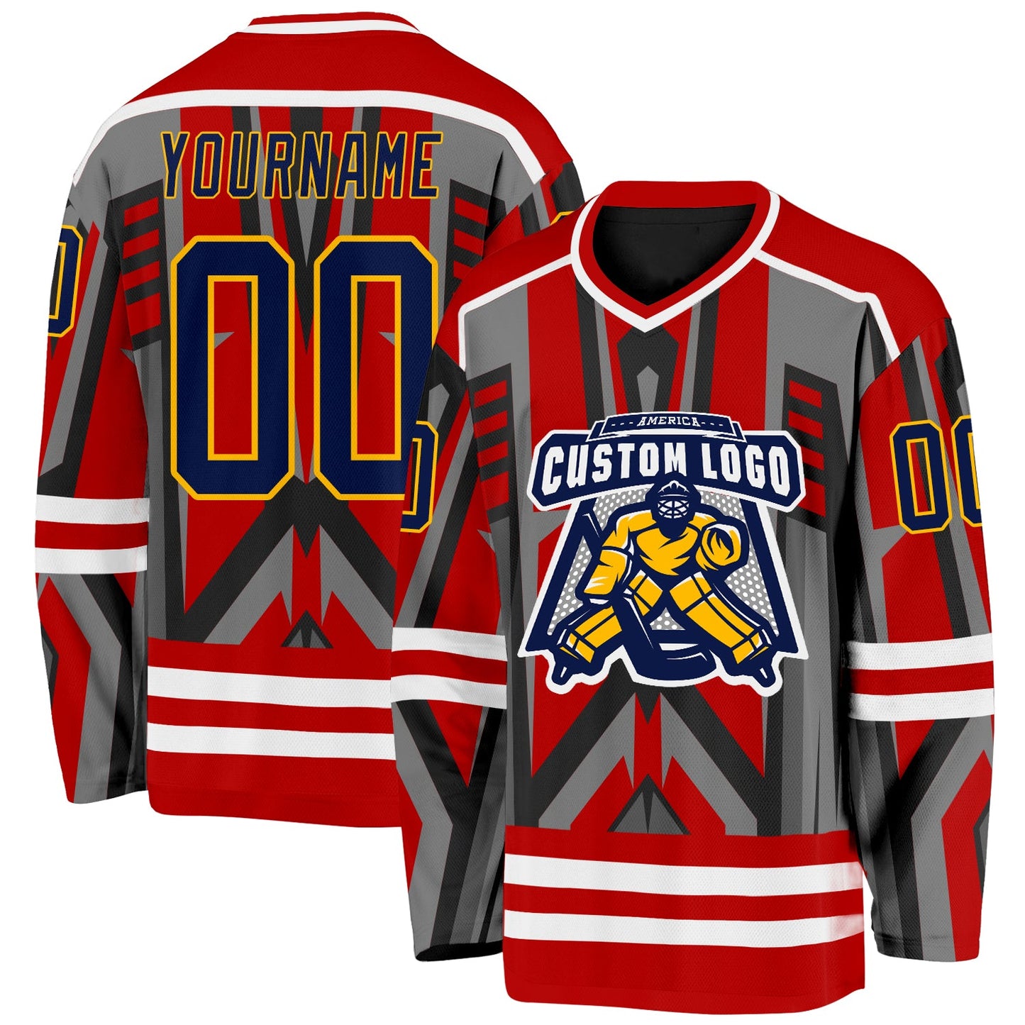 Custom Red Navy Black Gray Gold-White Cyber Mecha E-sport Hockey Jersey view 2