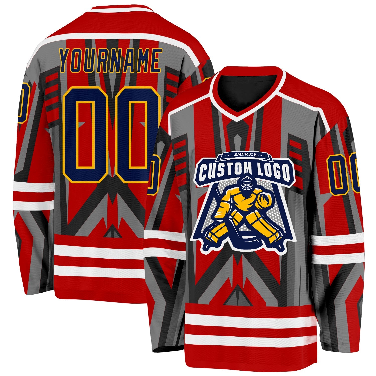 Custom Red Navy Black Gray Gold-White Cyber Mecha E-sport Hockey Jersey view 2