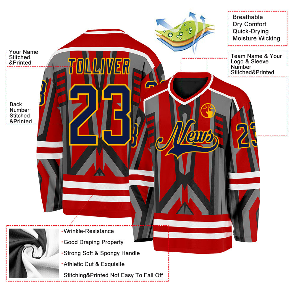Custom Red Navy Black Gray Gold-White Cyber Mecha E-sport Hockey Jersey view 5