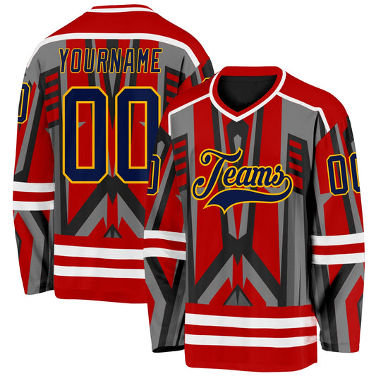 Custom Red Navy Black Gray Gold-White Cyber Mecha E-sport Hockey Jersey - Main View
