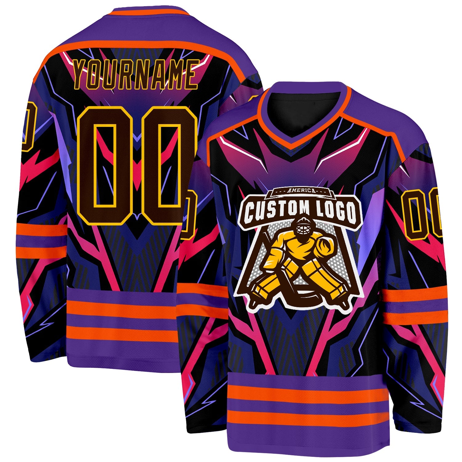 Custom Purple Brown Orange Black-Yellow Cyber Mecha E-sport Hockey Jersey view 2