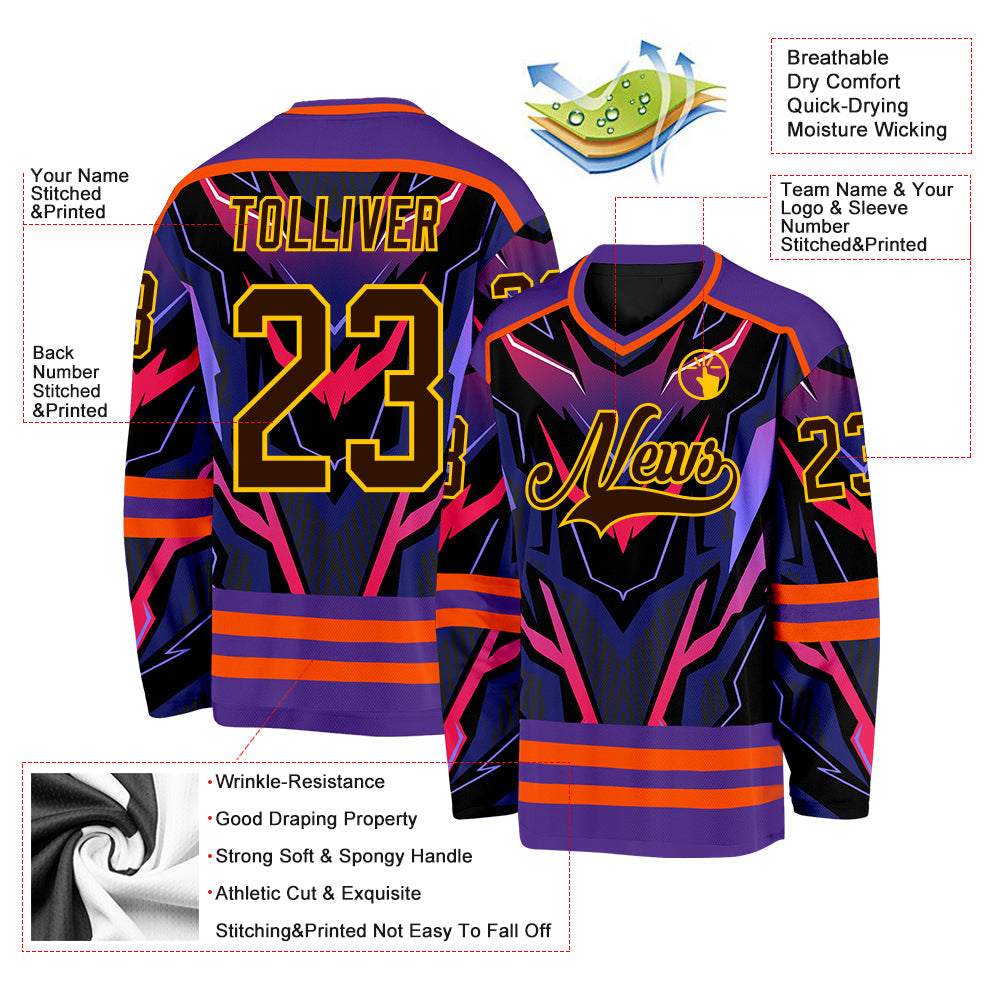 Custom Purple Brown Orange Black-Yellow Cyber Mecha E-sport Hockey Jersey view 5
