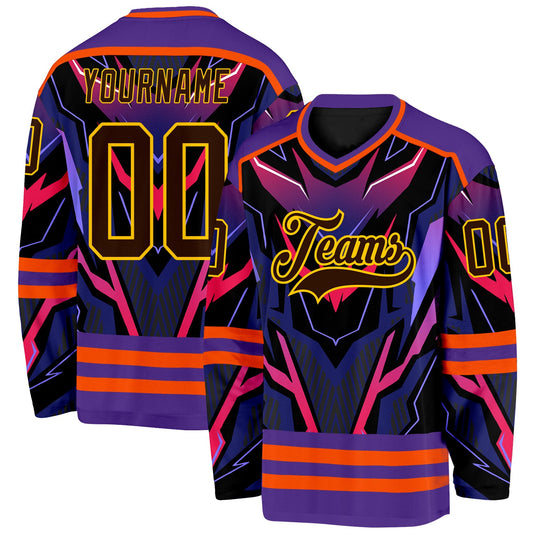 Custom Purple Brown Orange Black-Yellow Cyber Mecha E-sport Hockey Jersey - Main View