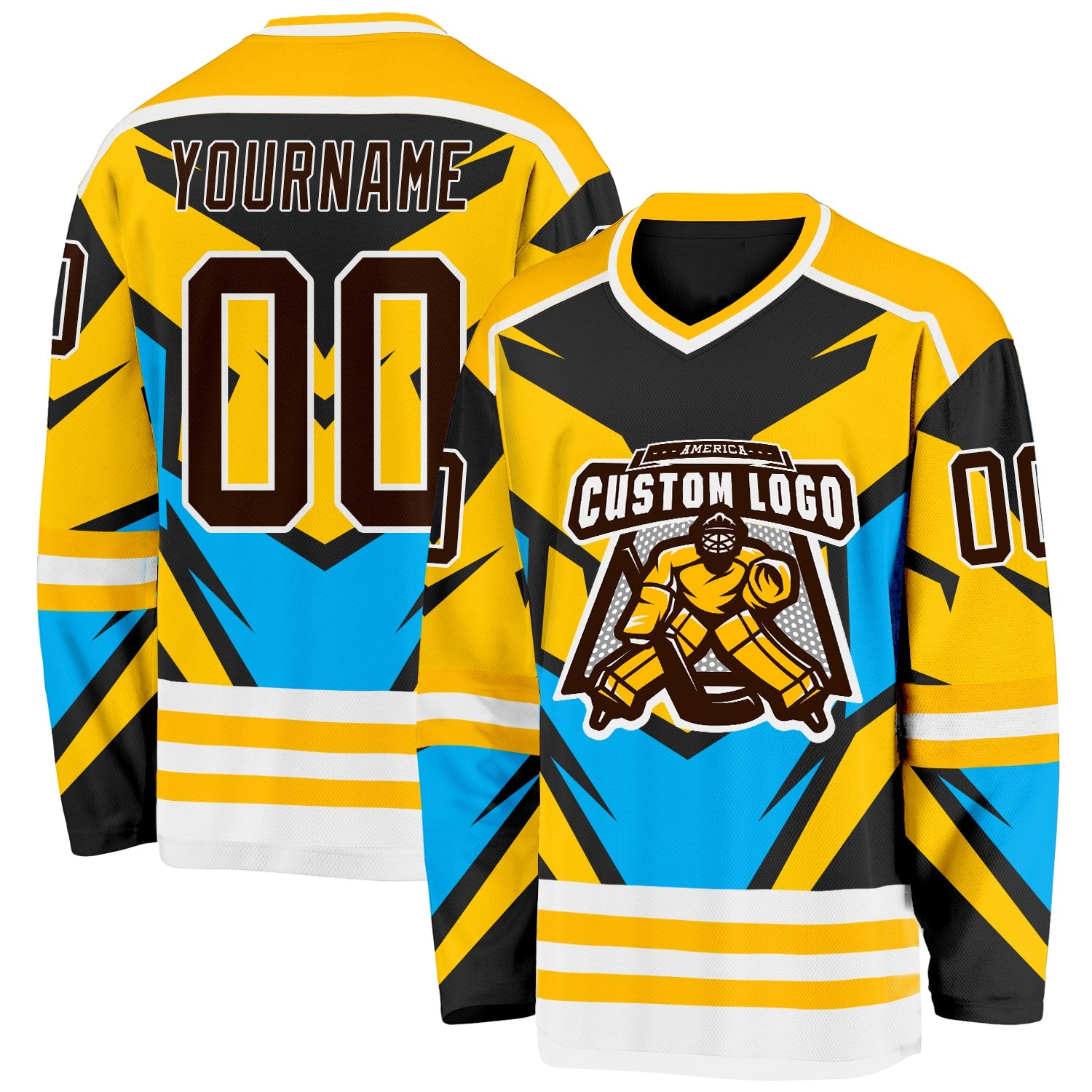Custom Gold Brown Blue Black-White Cyber Mecha E-sport Hockey Jersey view 2