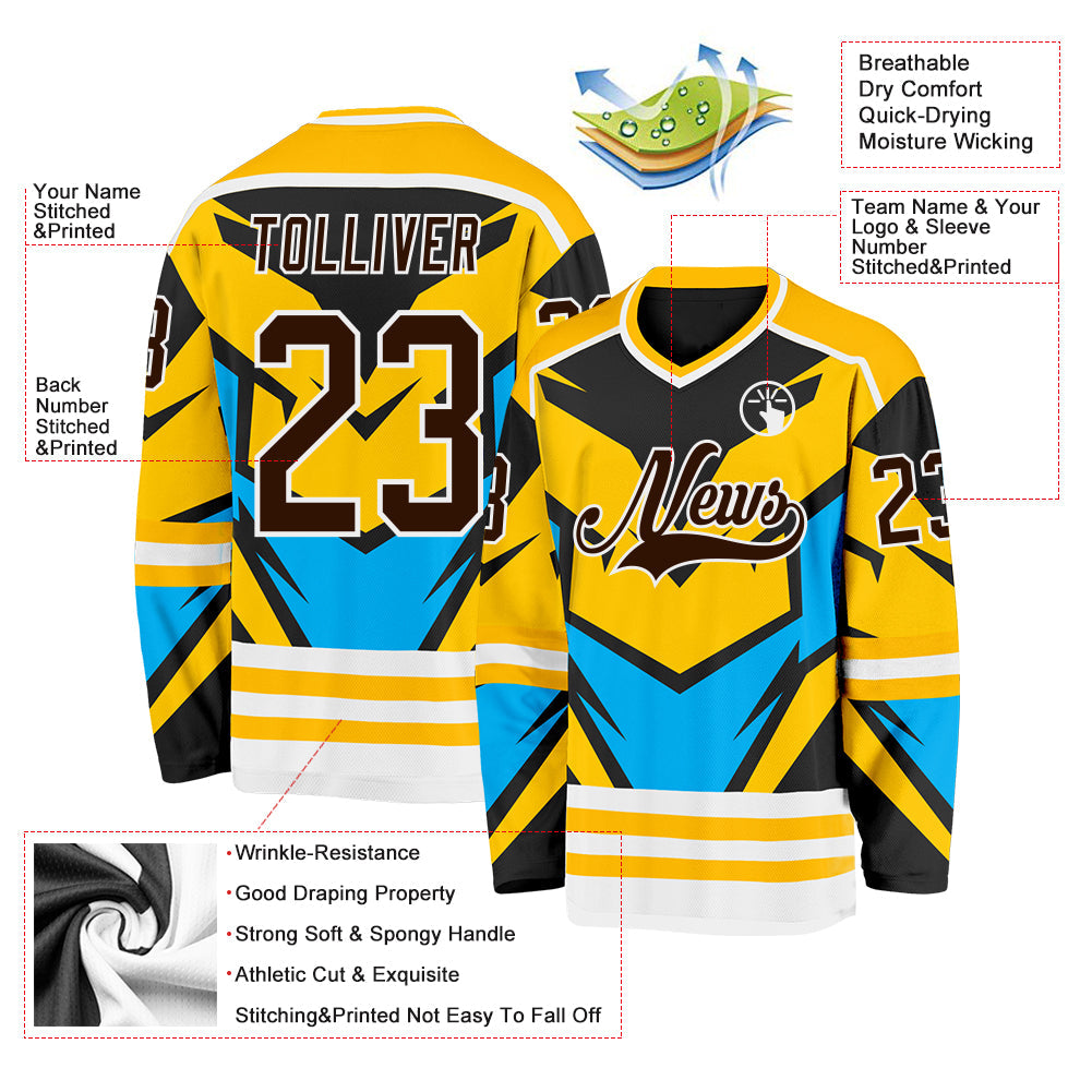 Custom Gold Brown Blue Black-White Cyber Mecha E-sport Hockey Jersey view 5