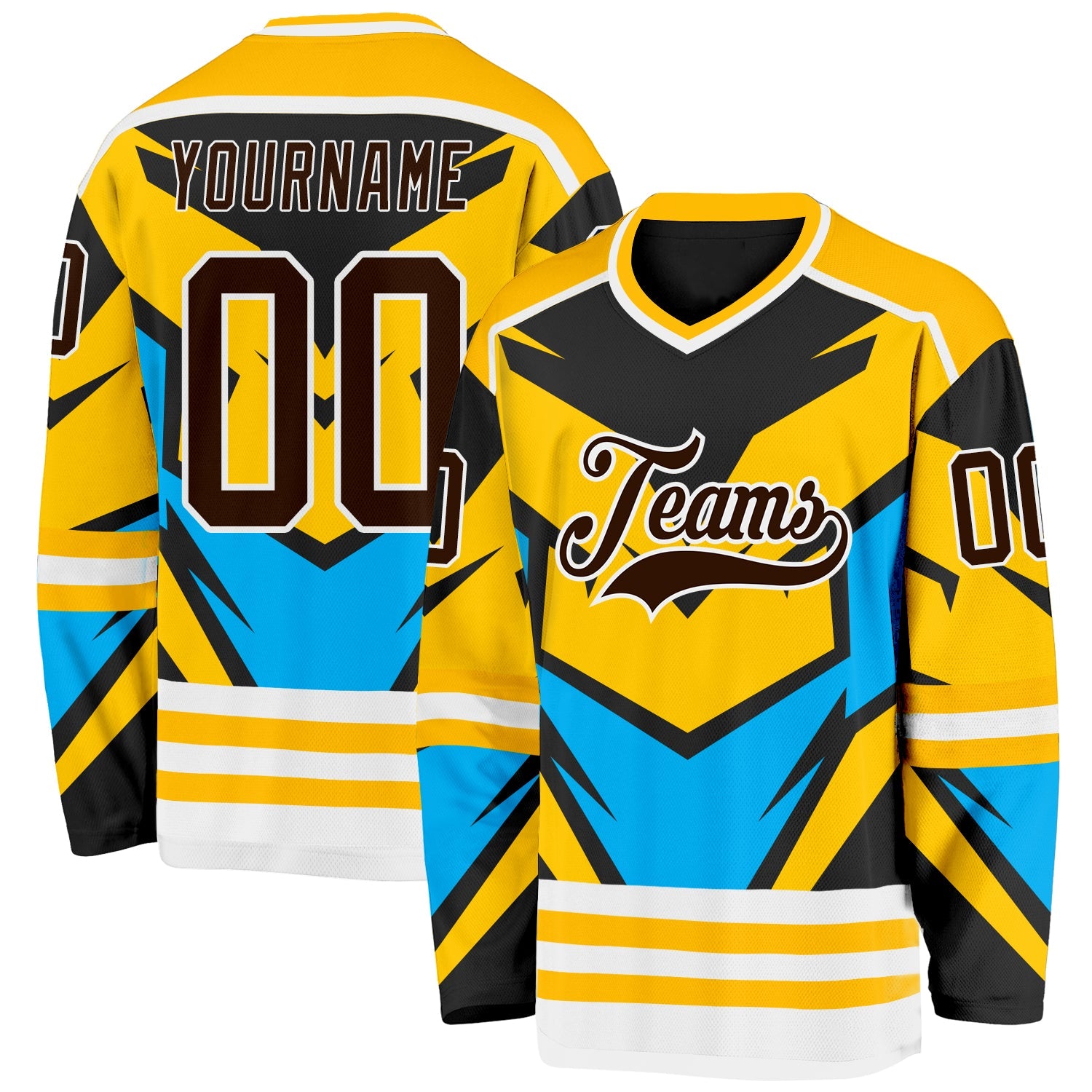 Custom Gold Brown Blue Black-White Cyber Mecha E-sport Hockey Jersey - Main View