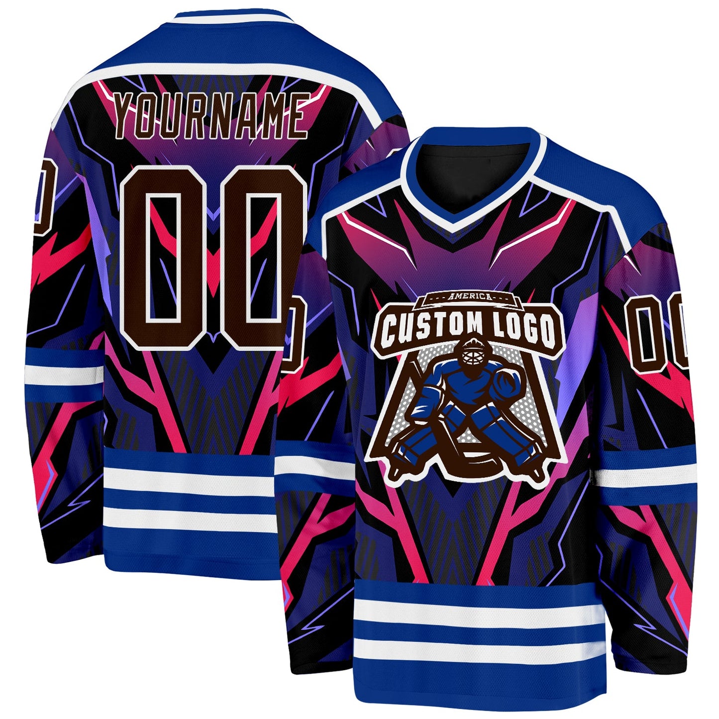 Custom Royal Brown Black Red Purple-White Cyber Mecha E-sport Hockey Jersey view 2