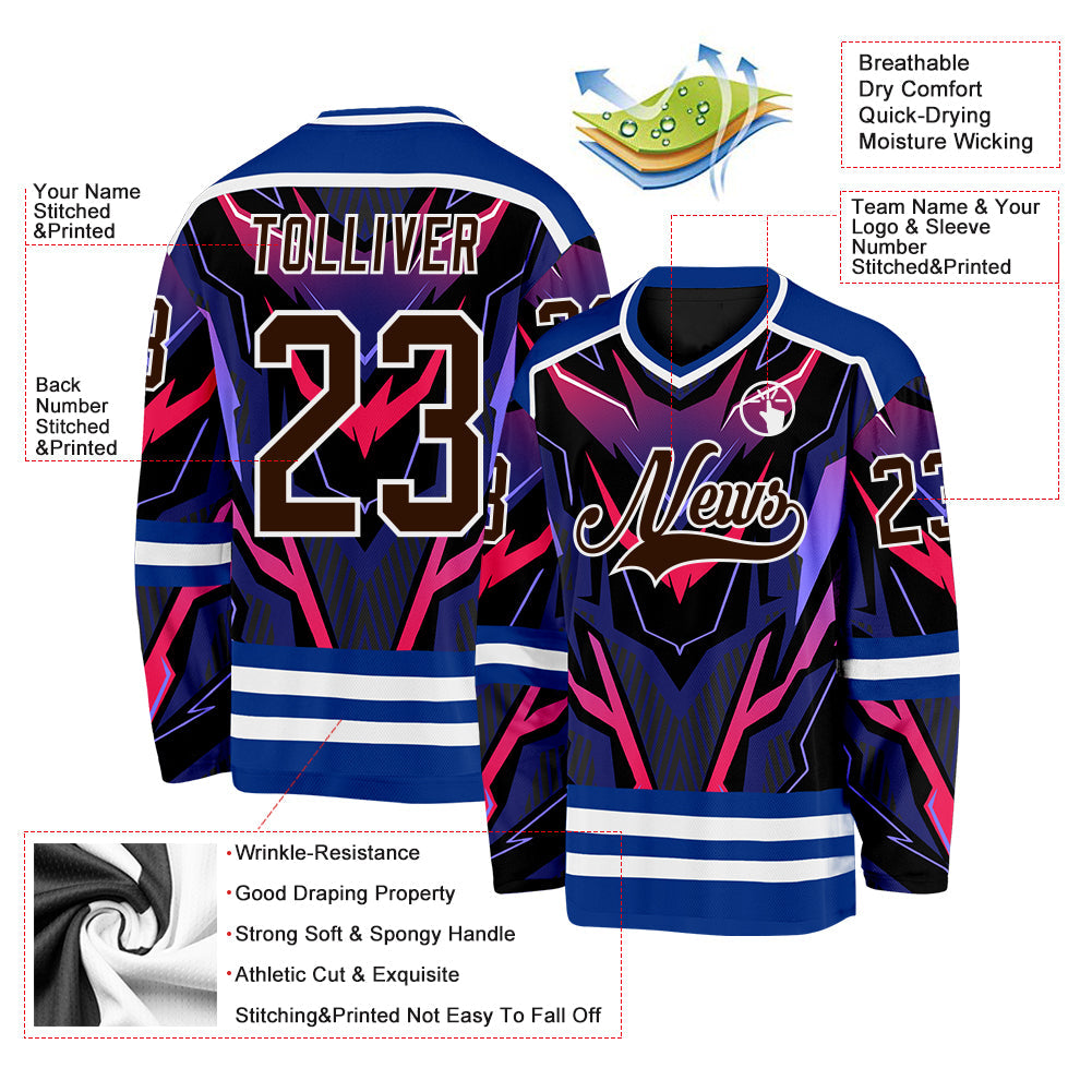 Custom Royal Brown Black Red Purple-White Cyber Mecha E-sport Hockey Jersey view 5