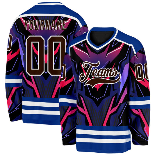 Custom Royal Brown Black Red Purple-White Cyber Mecha E-sport Hockey Jersey - Main View