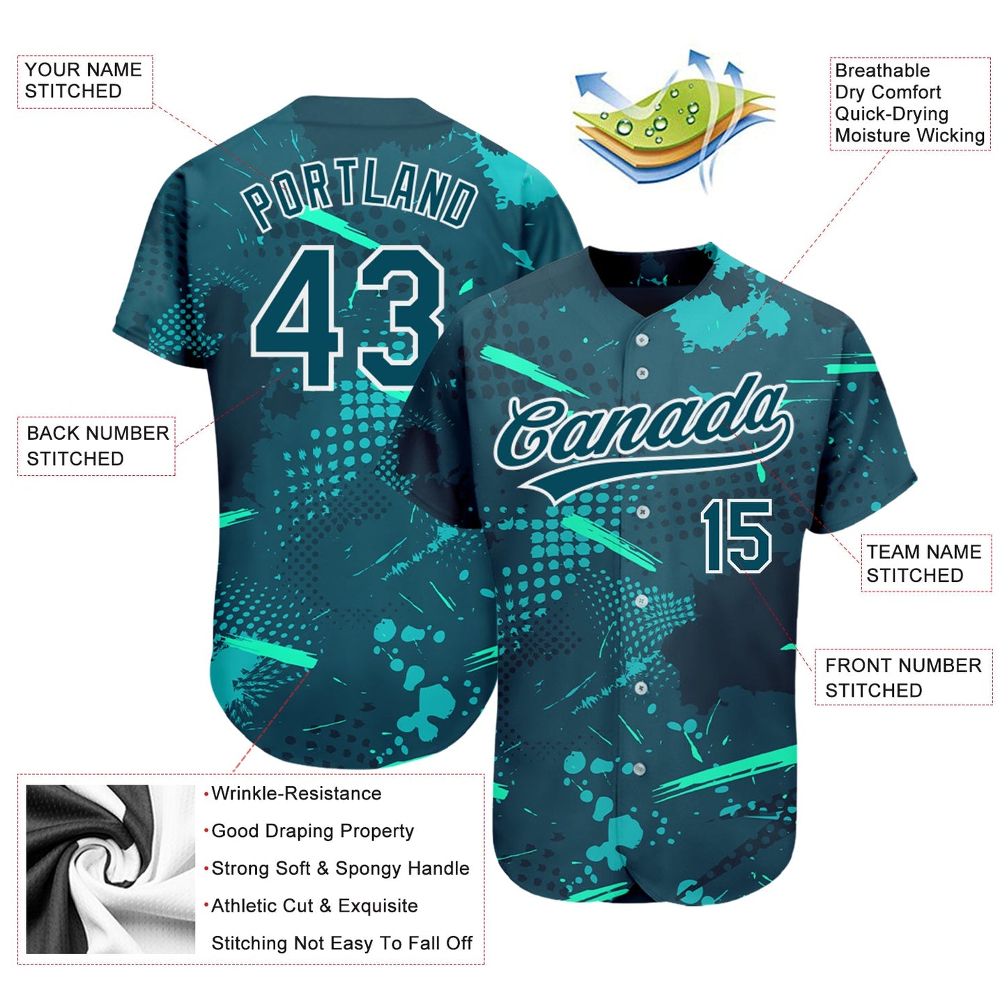 Custom Green Green-Aqua 3D Pattern Design Authentic Baseball Jersey view 3