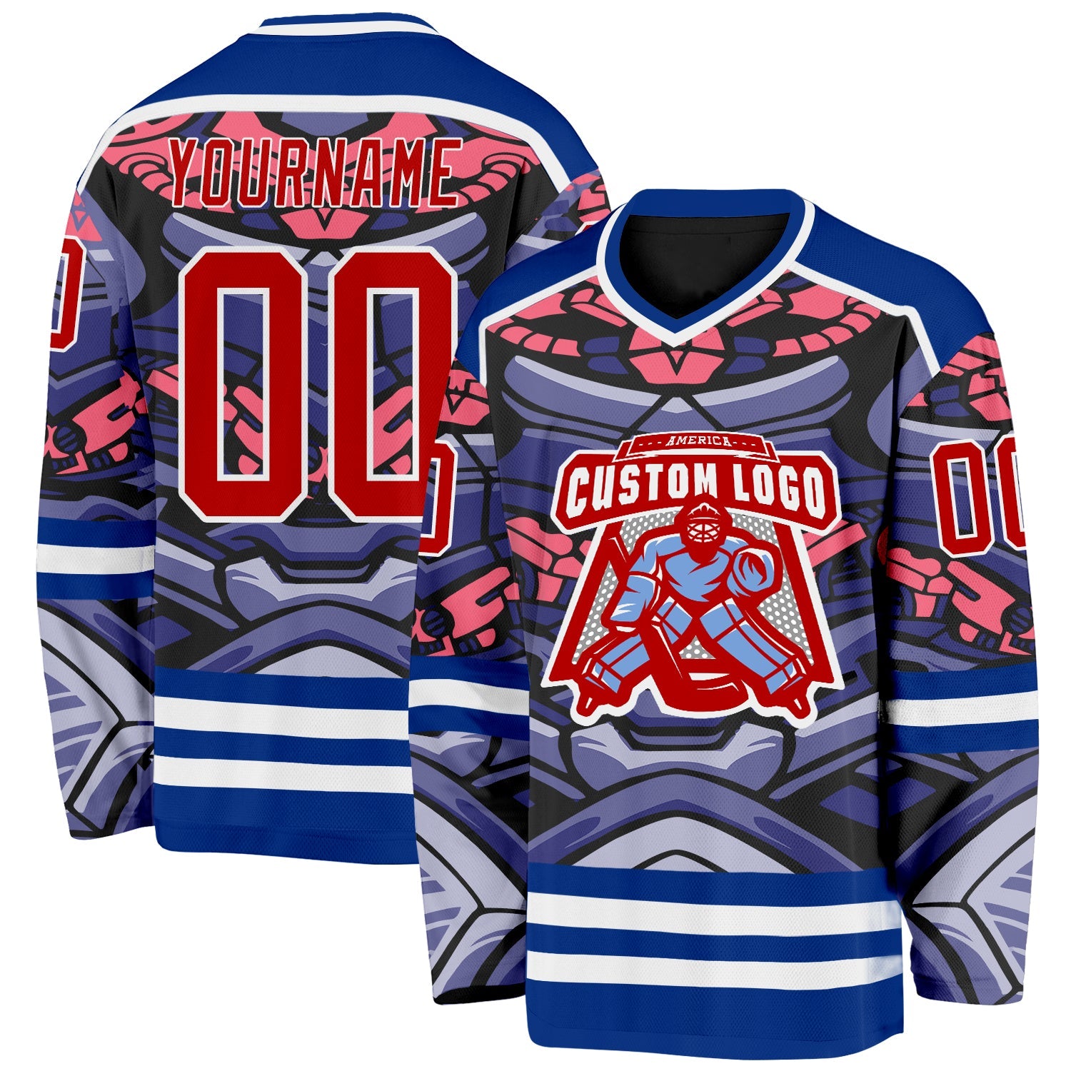 Custom Royal Red Pink Black-White Cyber Mecha E-sport Hockey Jersey view 2