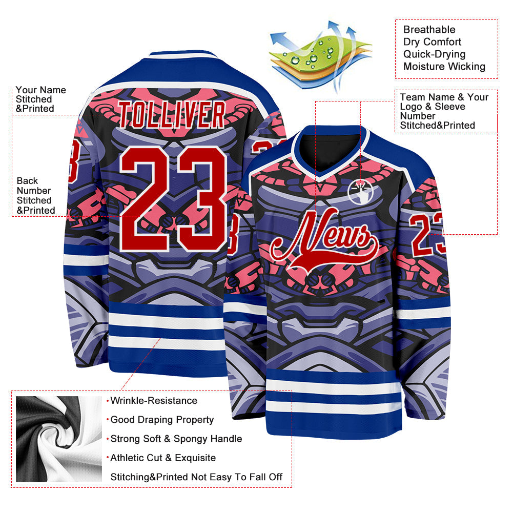 Custom Royal Red Pink Black-White Cyber Mecha E-sport Hockey Jersey view 5