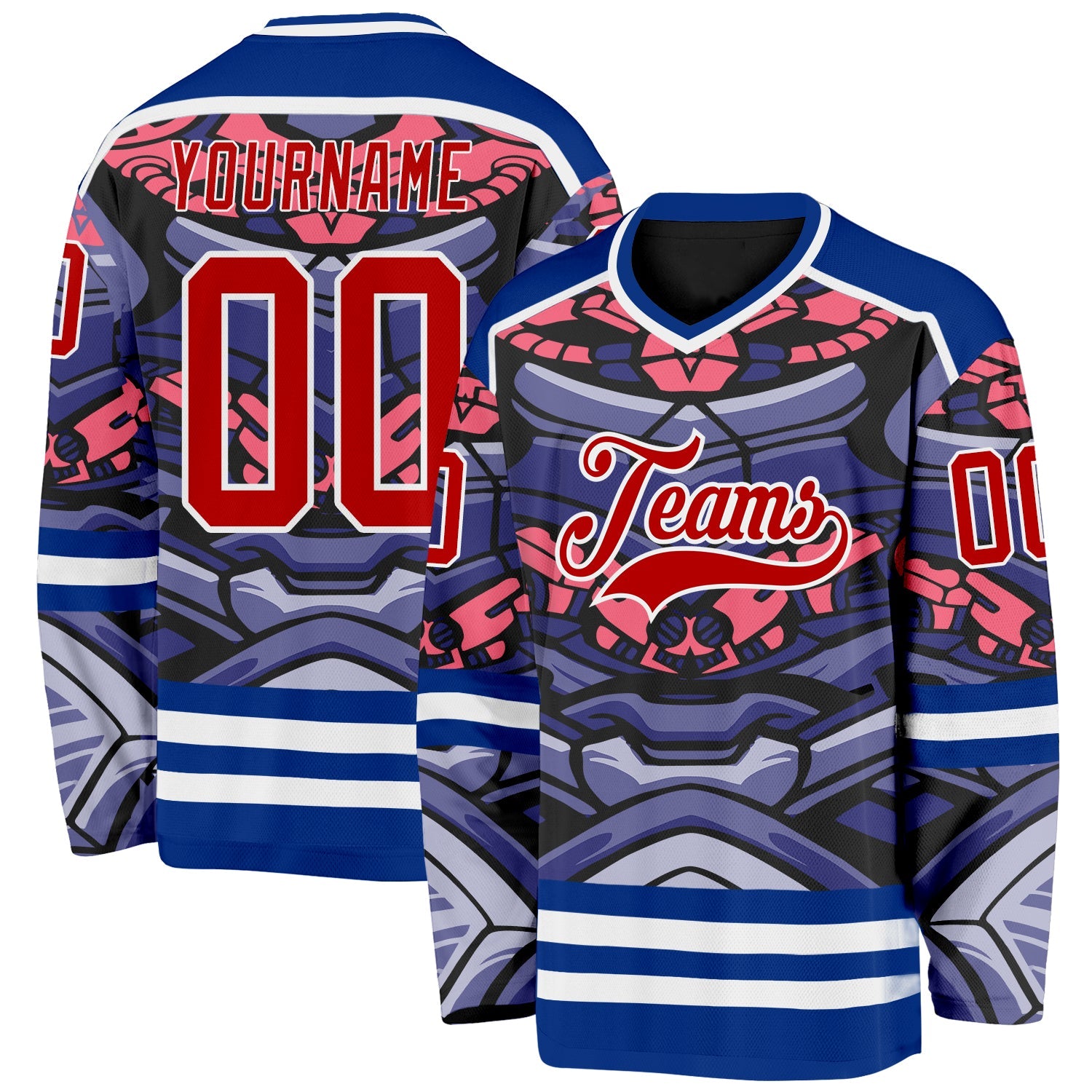 Custom Royal Red Pink Black-White Cyber Mecha E-sport Hockey Jersey - Main View