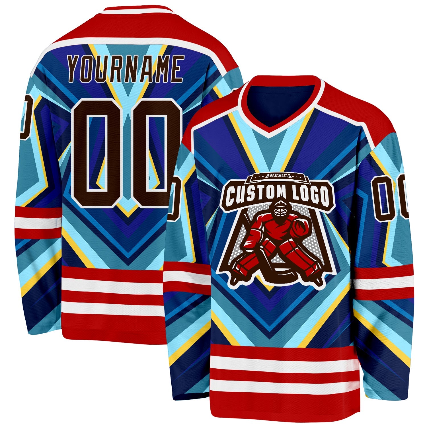 Custom Red Brown Blue Yellow-White Cyber Mecha E-sport Hockey Jersey view 2