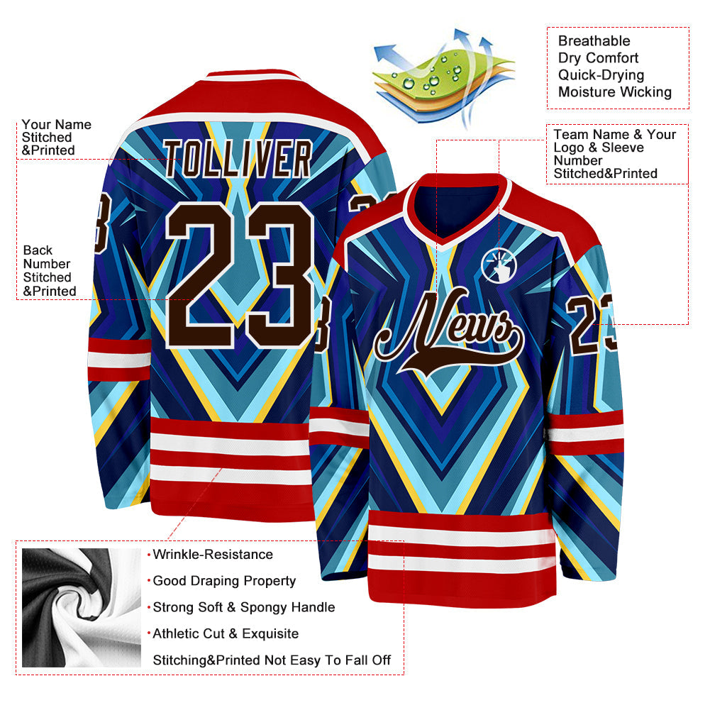 Custom Red Brown Blue Yellow-White Cyber Mecha E-sport Hockey Jersey view 5