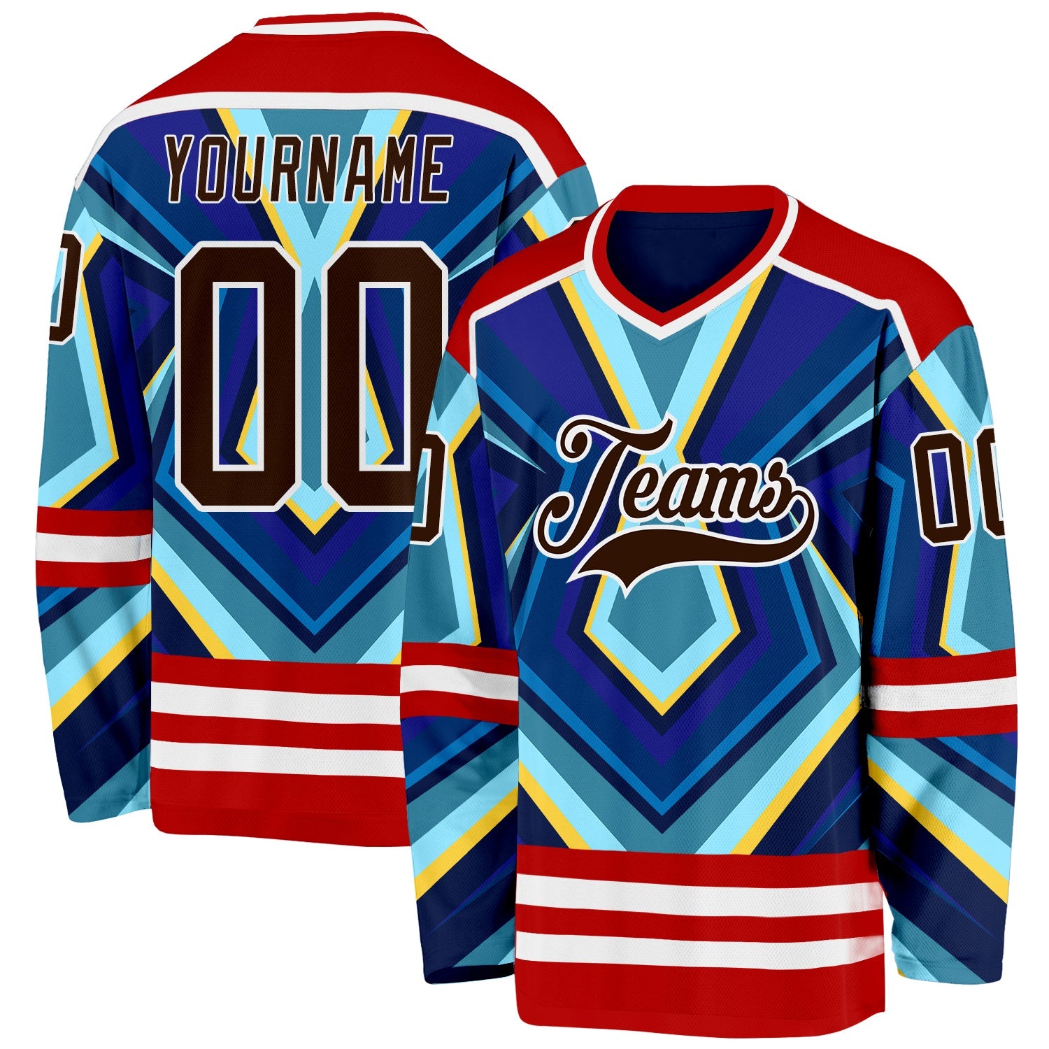 Custom Red Brown Blue Yellow-White Cyber Mecha E-sport Hockey Jersey - Main View