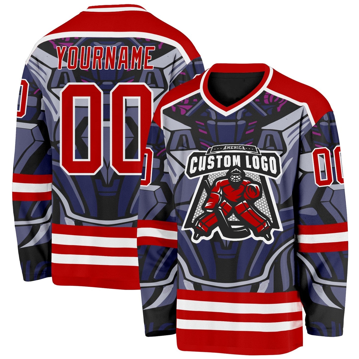 Custom Red Blue Black Purple-White Cyber Mecha E-sport Hockey Jersey view 2