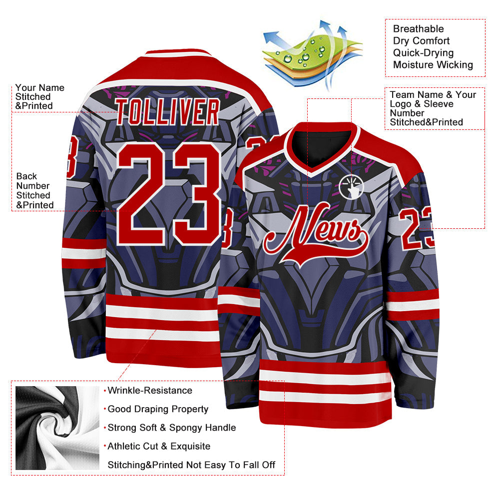 Custom Red Blue Black Purple-White Cyber Mecha E-sport Hockey Jersey view 5