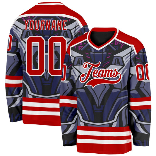 Custom Red Blue Black Purple-White Cyber Mecha E-sport Hockey Jersey - Main View