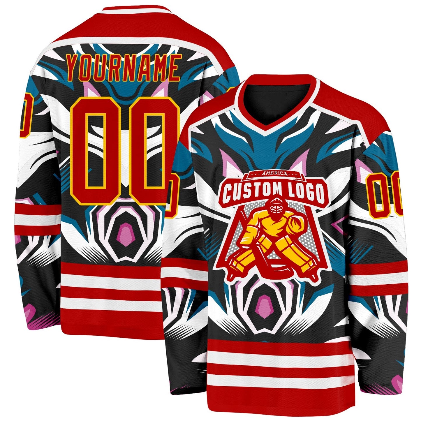 Custom Red Blue Black Purple Yellow-White Cyber Mecha E-sport Hockey Jersey view 2
