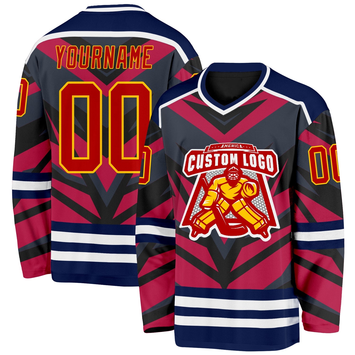 Custom Navy Red Black Yellow-White Cyber Mecha E-sport Hockey Jersey view 2