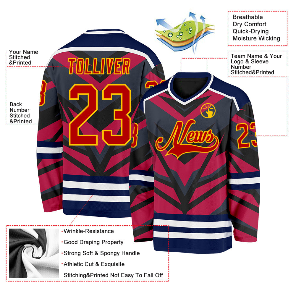 Custom Navy Red Black Yellow-White Cyber Mecha E-sport Hockey Jersey view 5