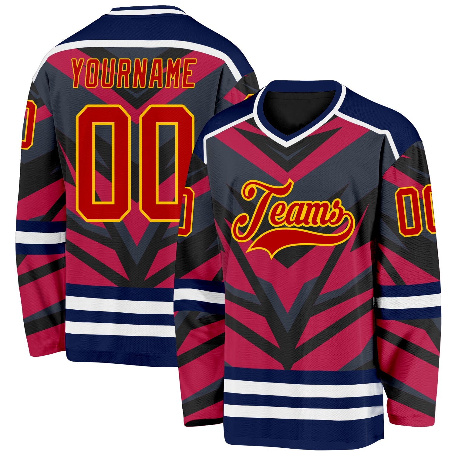 Custom Navy Red Black Yellow-White Cyber Mecha E-sport Hockey Jersey - Main View