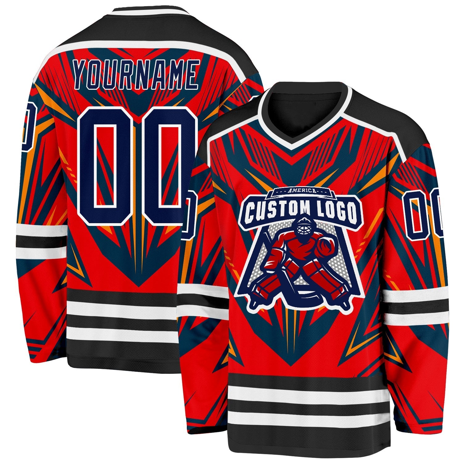 Custom Black Navy Red Orange-White Cyber Mecha E-sport Hockey Jersey view 2