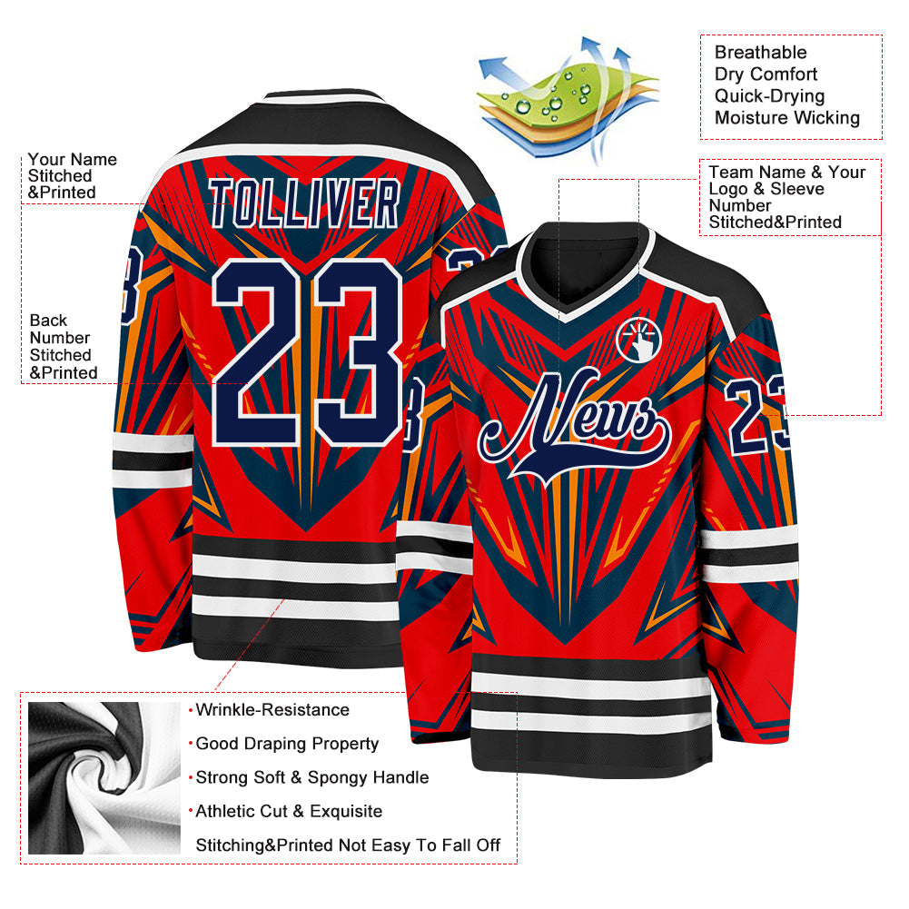 Custom Black Navy Red Orange-White Cyber Mecha E-sport Hockey Jersey view 5