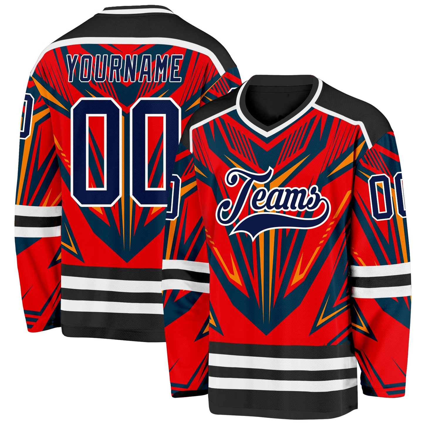 Custom Black Navy Red Orange-White Cyber Mecha E-sport Hockey Jersey - Main View