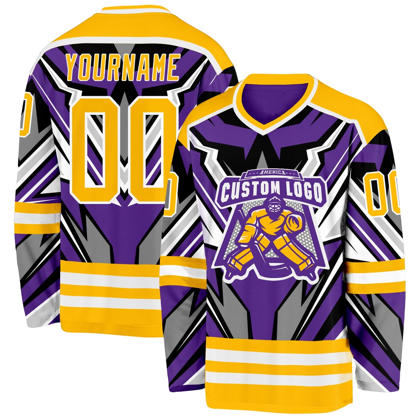 Custom Purple Gold Black Gray-White Cyber Mecha E-sport Hockey Jersey view 2