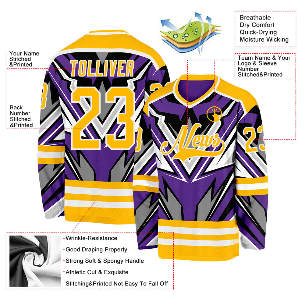 Custom Purple Gold Black Gray-White Cyber Mecha E-sport Hockey Jersey view 5