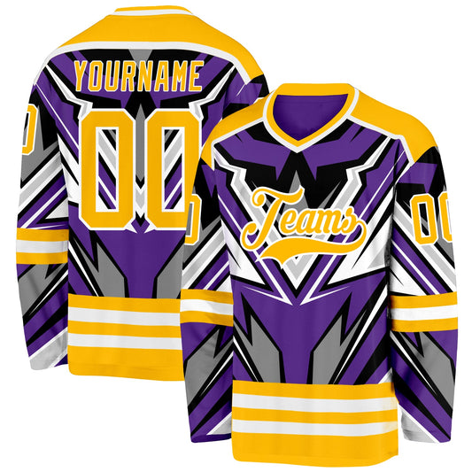 Custom Purple Gold Black Gray-White Cyber Mecha E-sport Hockey Jersey - Main View