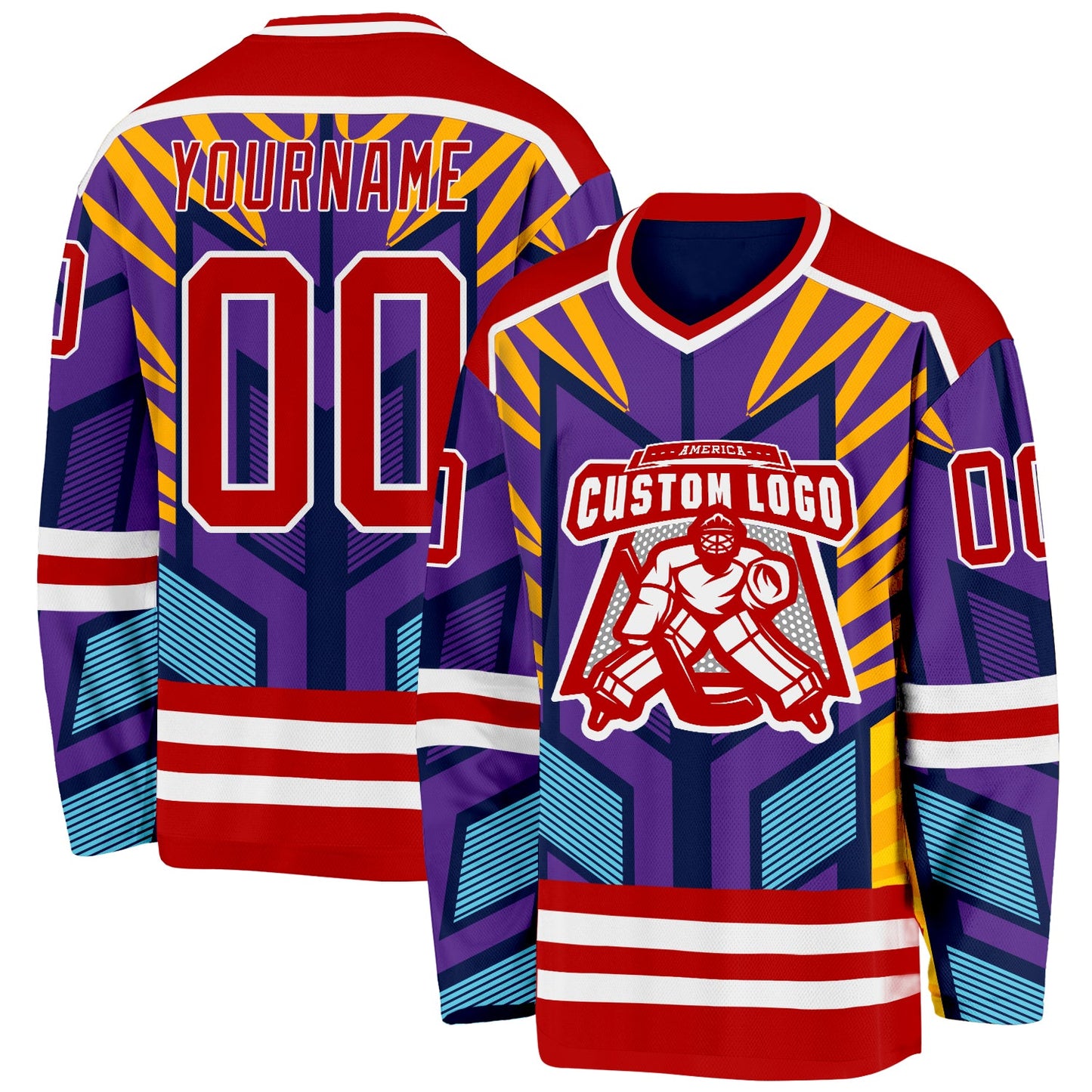 Custom Purple Red Yellow Blue-White Cyber Mecha E-sport Hockey Jersey view 2
