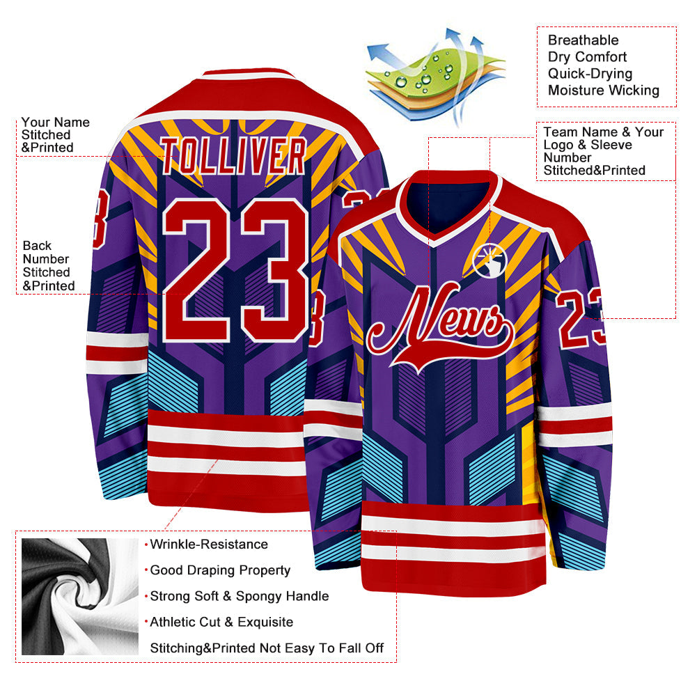 Custom Purple Red Yellow Blue-White Cyber Mecha E-sport Hockey Jersey view 5