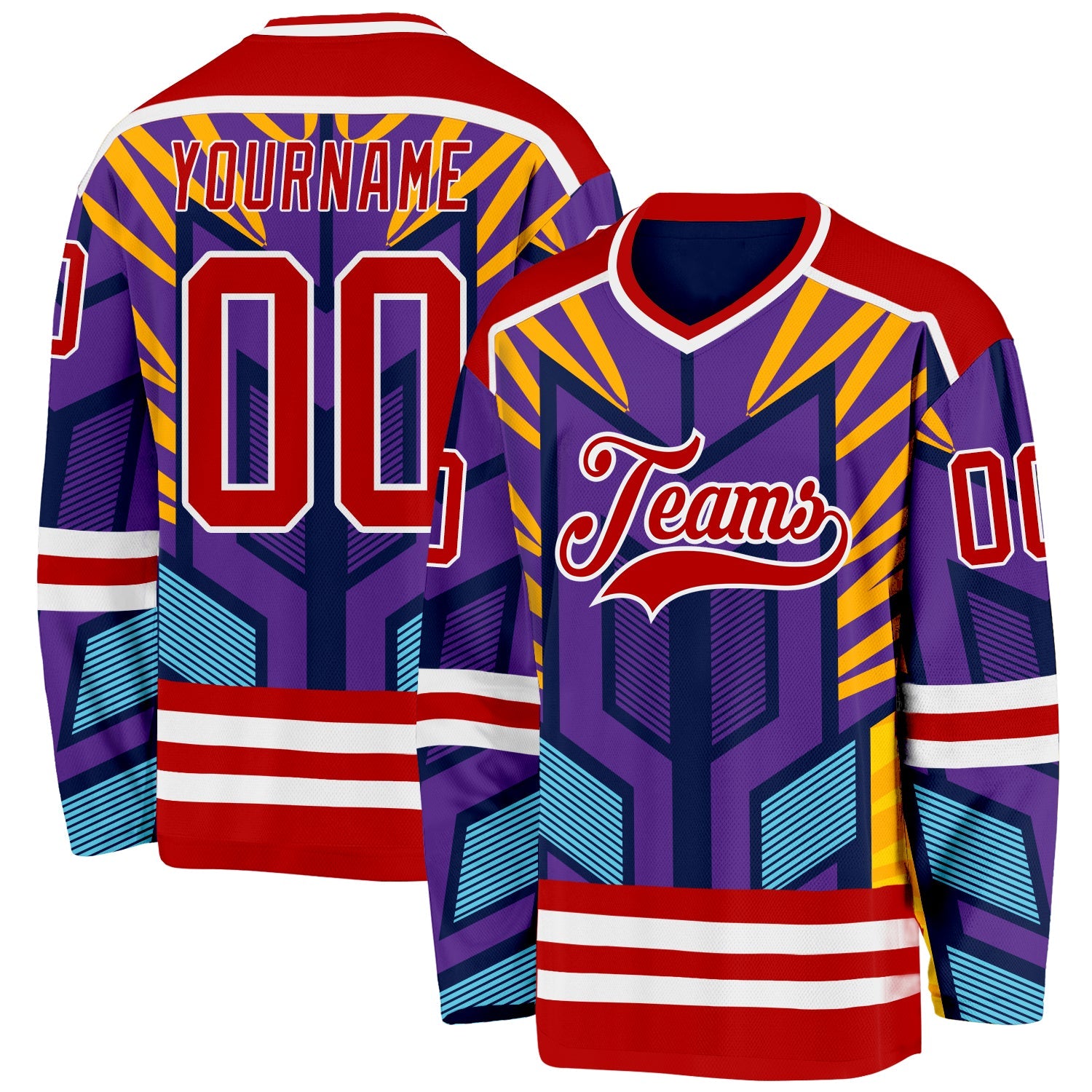 Custom Purple Red Yellow Blue-White Cyber Mecha E-sport Hockey Jersey - Main View