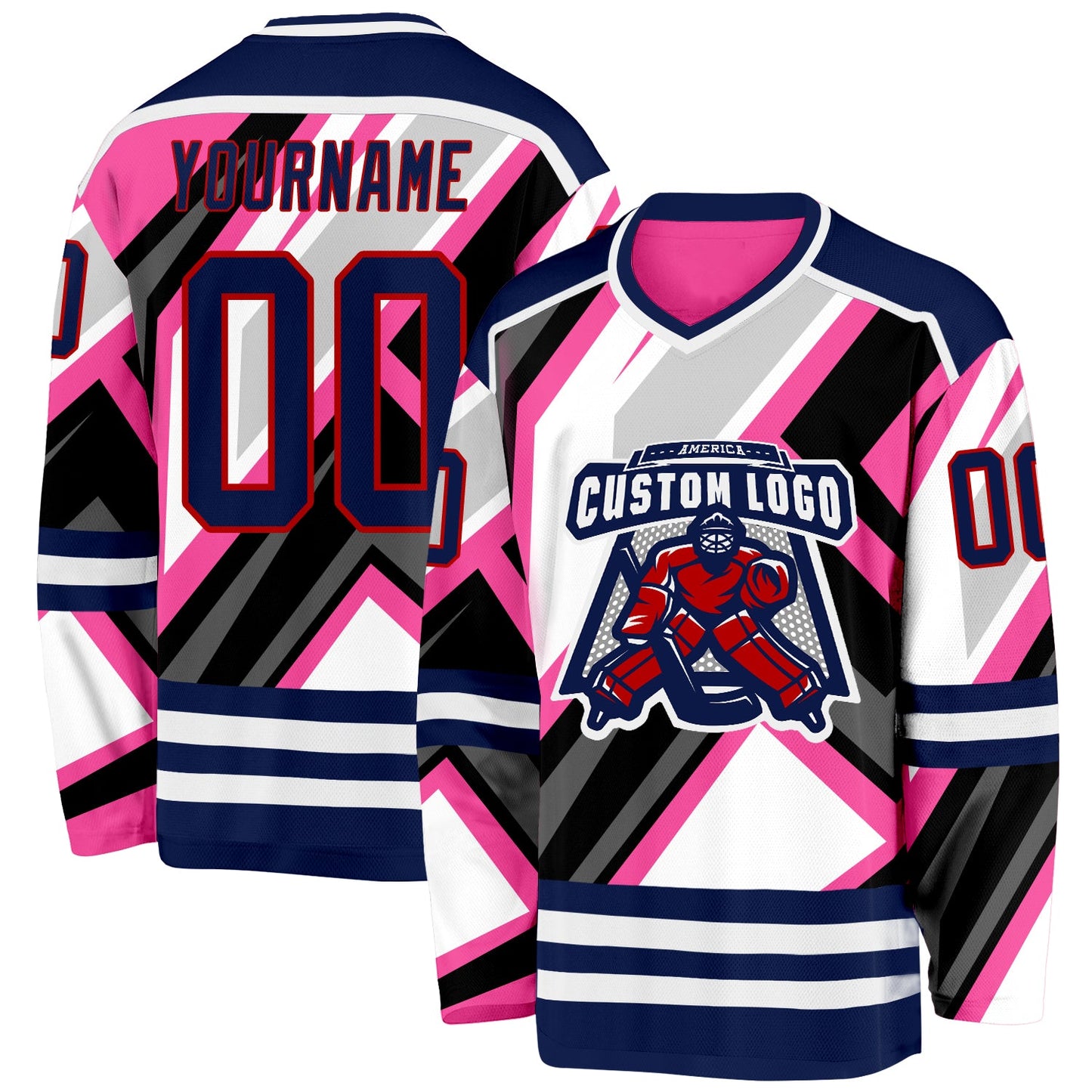 Custom Pink Navy Black Gray Red-White Cyber Mecha E-sport Hockey Jersey view 2