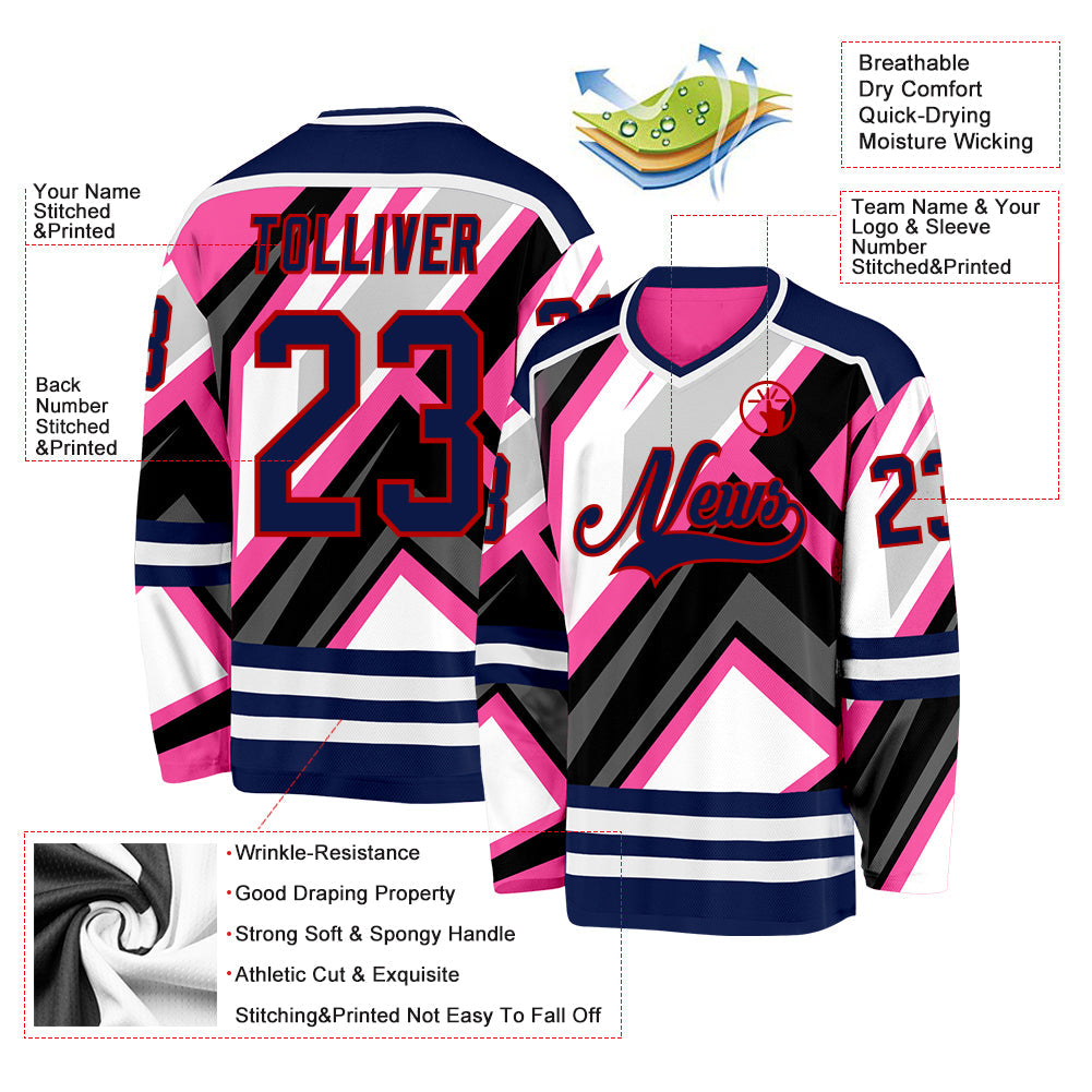 Custom Pink Navy Black Gray Red-White Cyber Mecha E-sport Hockey Jersey view 5