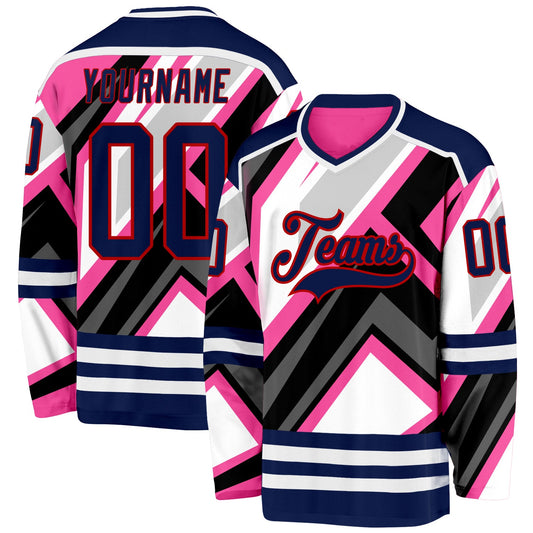 Custom Pink Navy Black Gray Red-White Cyber Mecha E-sport Hockey Jersey - Main View