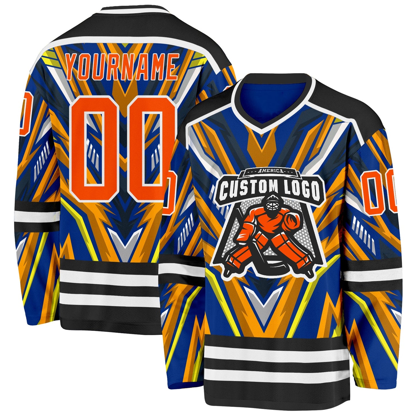 Custom Royal Orange Yellow Black-White Cyber Mecha E-sport Hockey Jersey view 2