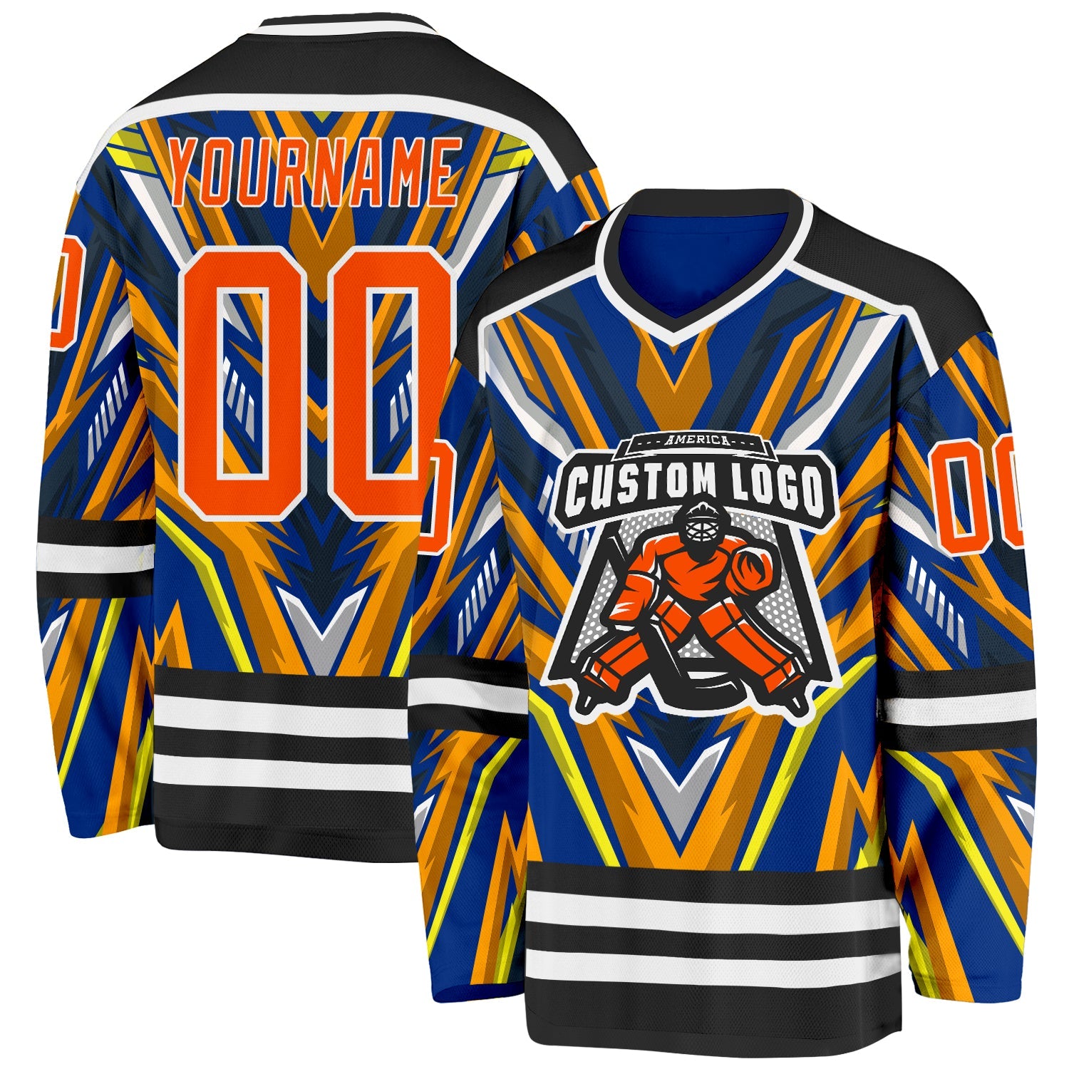 Custom Royal Orange Yellow Black-White Cyber Mecha E-sport Hockey Jersey view 2