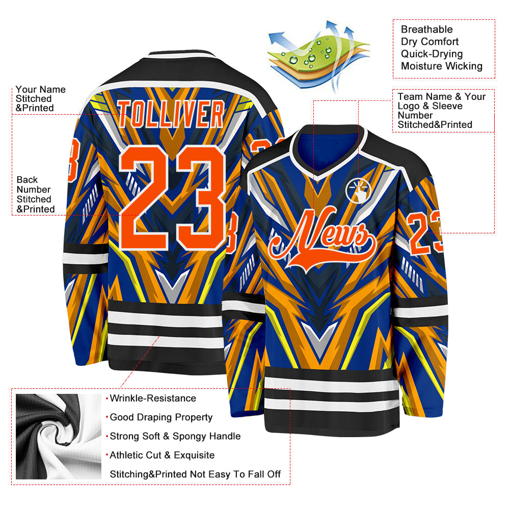 Custom Royal Orange Yellow Black-White Cyber Mecha E-sport Hockey Jersey view 5