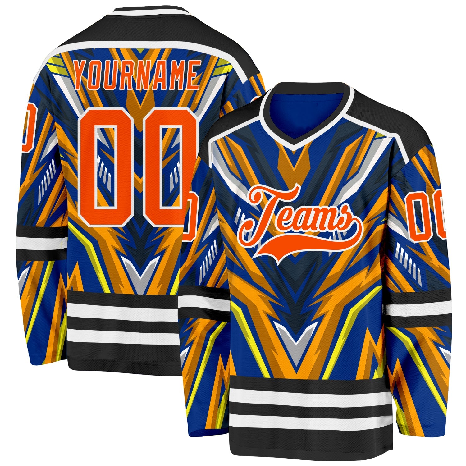 Custom Royal Orange Yellow Black-White Cyber Mecha E-sport Hockey Jersey - Main View