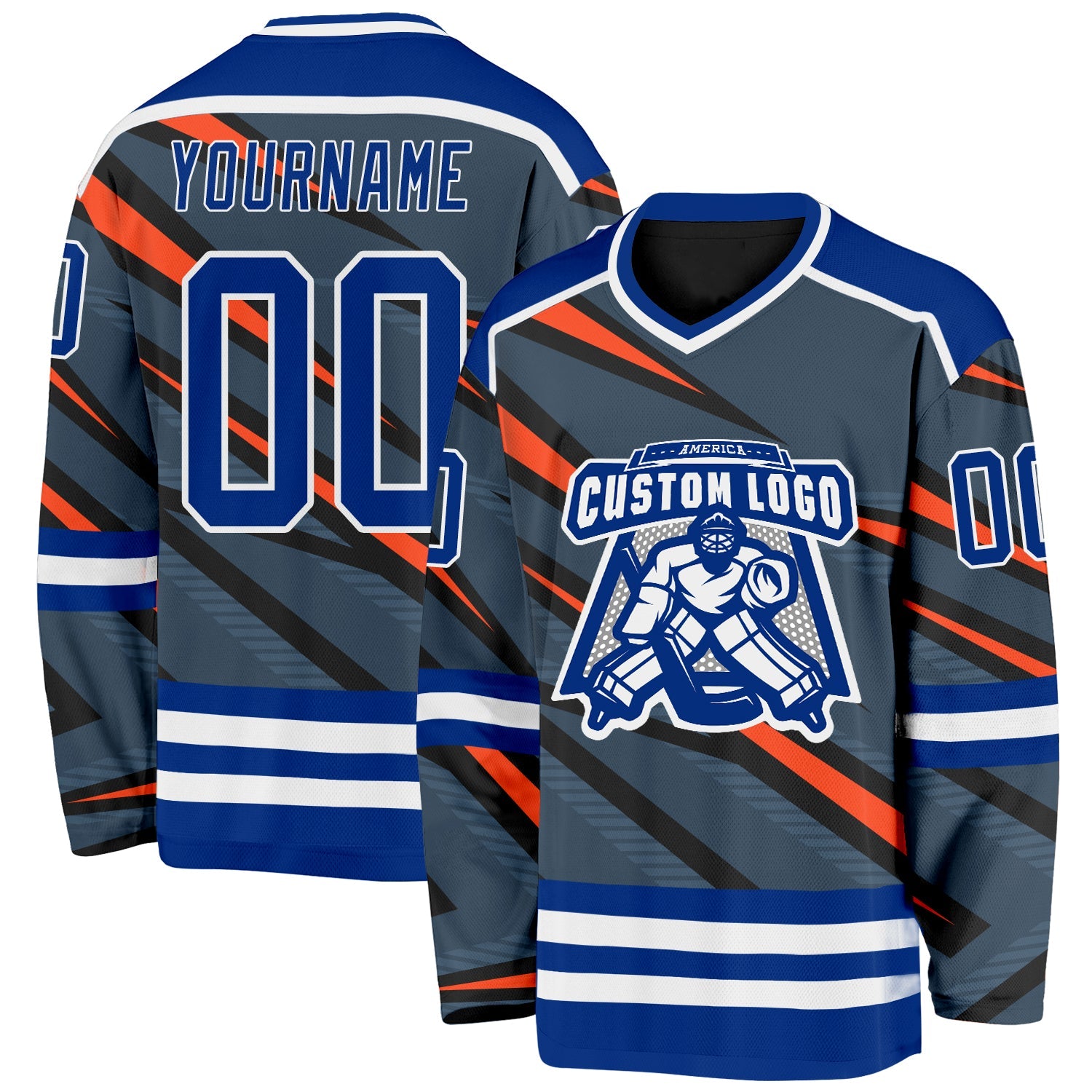 Custom Gray Royal Orange Black-White Cyber Mecha E-sport Hockey Jersey view 2