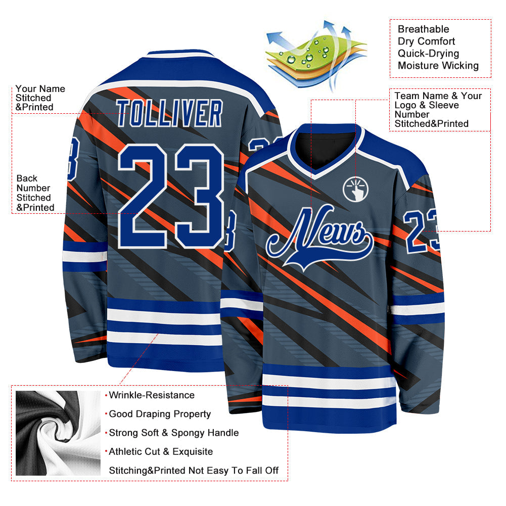 Custom Gray Royal Orange Black-White Cyber Mecha E-sport Hockey Jersey view 5